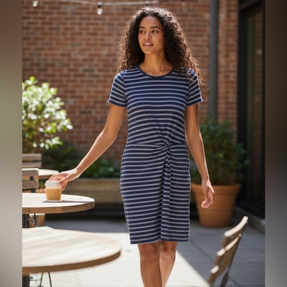 T by Talbots Navy and White Striped Twist Tie Sun Dress Size MP Short Sleeve